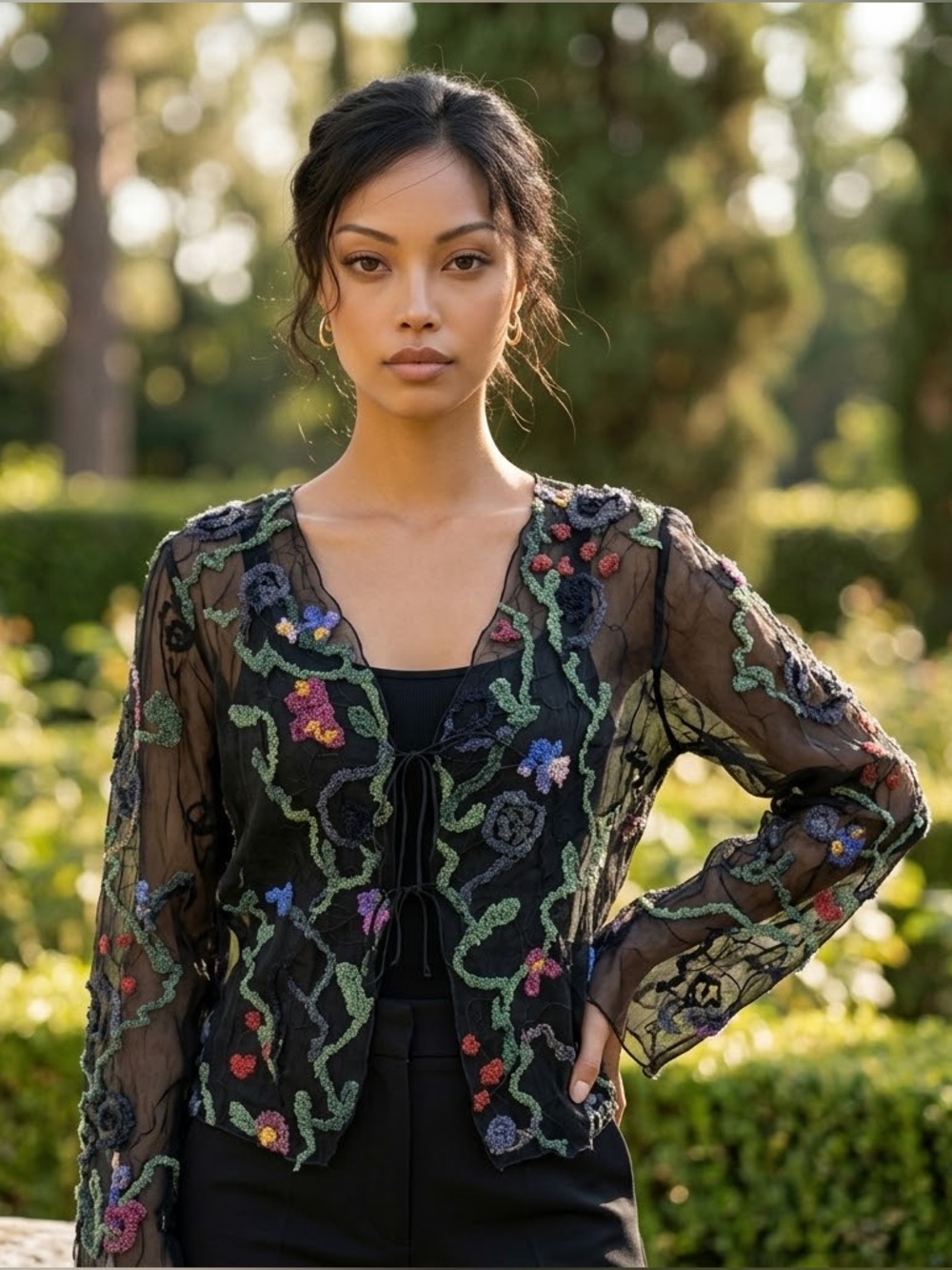 Artsy Unique Top Embroidered Floral Multicolor Y2K Tie Top Cover Kimono Gauze
